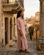 Conjunto de vestido y camisa rosa empolvado