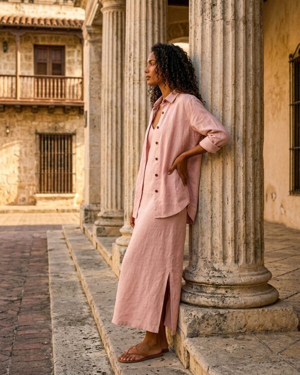Conjunto de vestido y camisa rosa empolvado