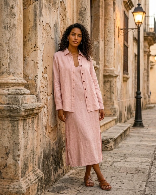 Conjunto de vestido y camisa rosa empolvado