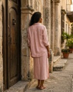 Conjunto de vestido y camisa rosa empolvado