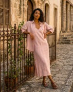 Conjunto de vestido y camisa rosa empolvado