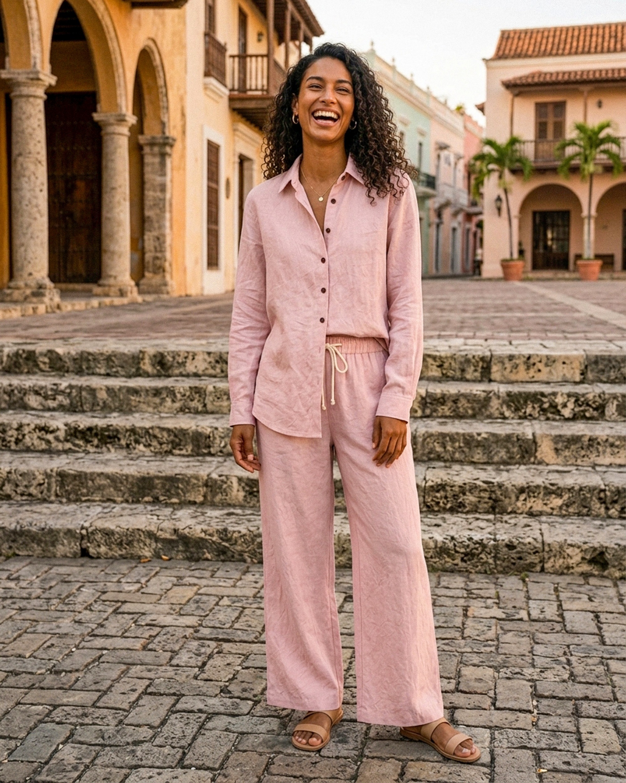 Conjunto de camisa y pantalón rosa empolvado para mujer