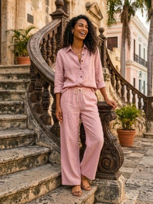 Women’s dusty pink linen shirt and pants set in 100% pure linen