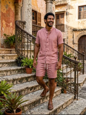 Mens Linen Shorts and Shirt Set – Dusty Pink (7)