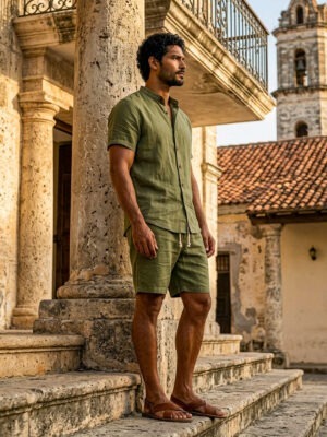 Mens Linen Shorts and Shirt Set – Olive Green (2)