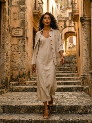 Women’s natural flax linen shirt and dress set in 100% pure linen