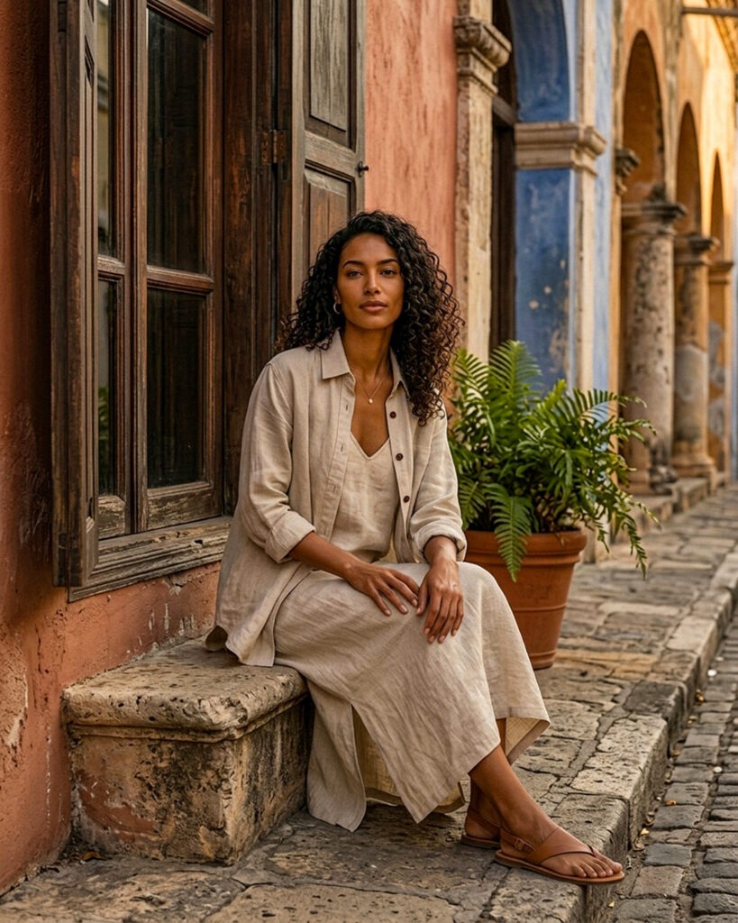 Women’s natural flax linen shirt and dress set in 100% pure linen