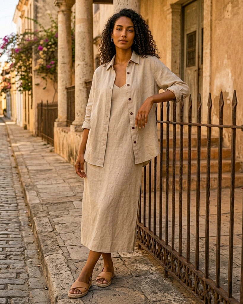 Women’s natural flax linen shirt and dress set in 100% pure linen