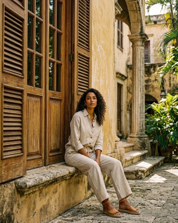 Conjunto de camisa y pantalón color natural
