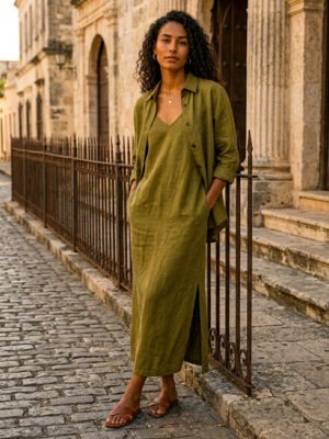 Olive Green Dress + Shirt Set