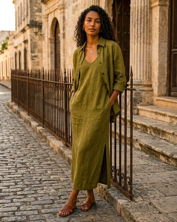 Conjunto de vestido y camisa verde oliva