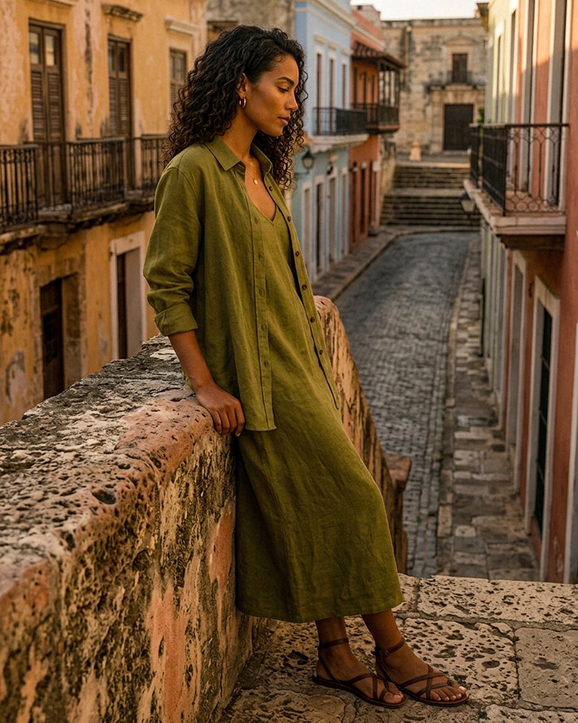 Conjunto de vestido y camisa verde oliva
