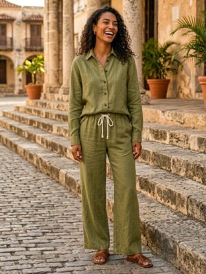 Women’s olive green linen shirt and pants set in 100% pure linen
