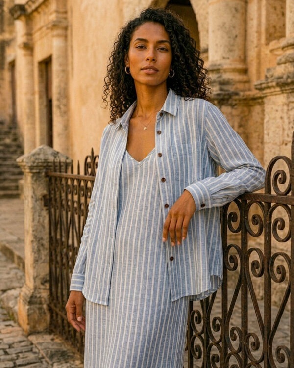 Conjunto de vestido y camisa a rayas azules