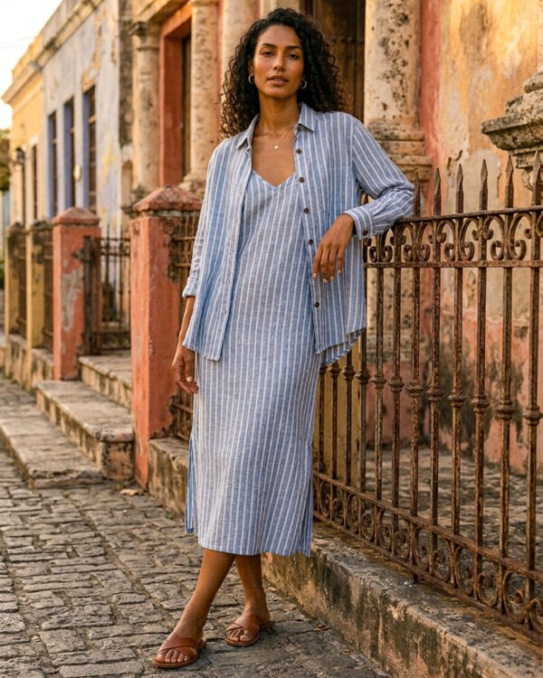 Conjunto de vestido y camisa a rayas azules