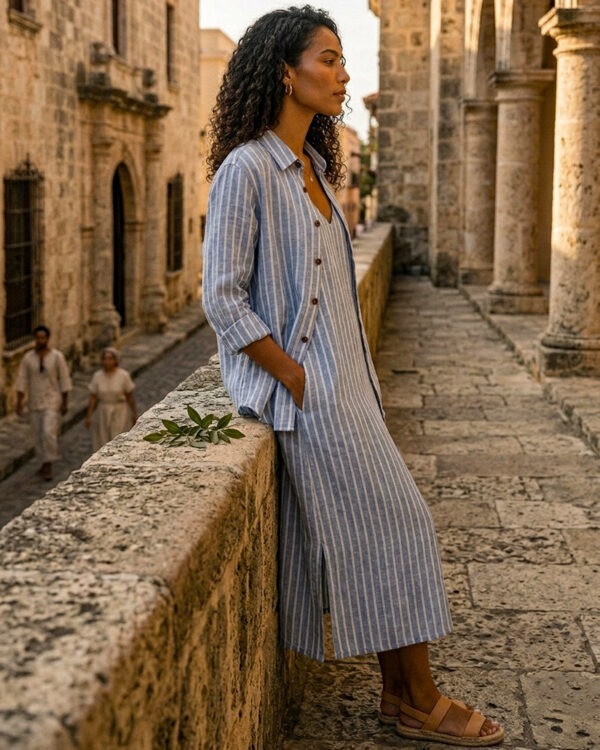 Conjunto de vestido y camisa a rayas azules