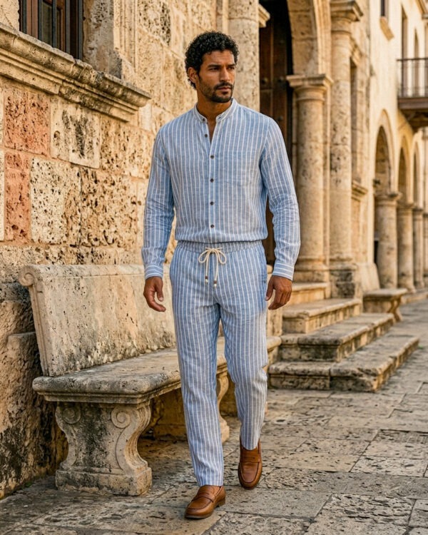 Conjunto de camisa y pantalón a rayas azules