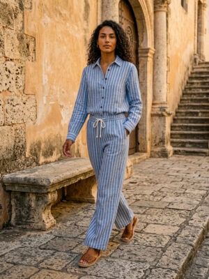 Women’s blue and white pinstripe linen shirt and pants set in 100% pure linen