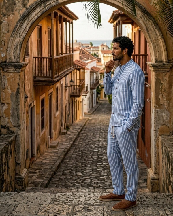 Conjunto de camisa y pantalón a rayas azules