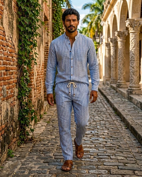 Conjunto de camisa y pantalón a rayas azules
