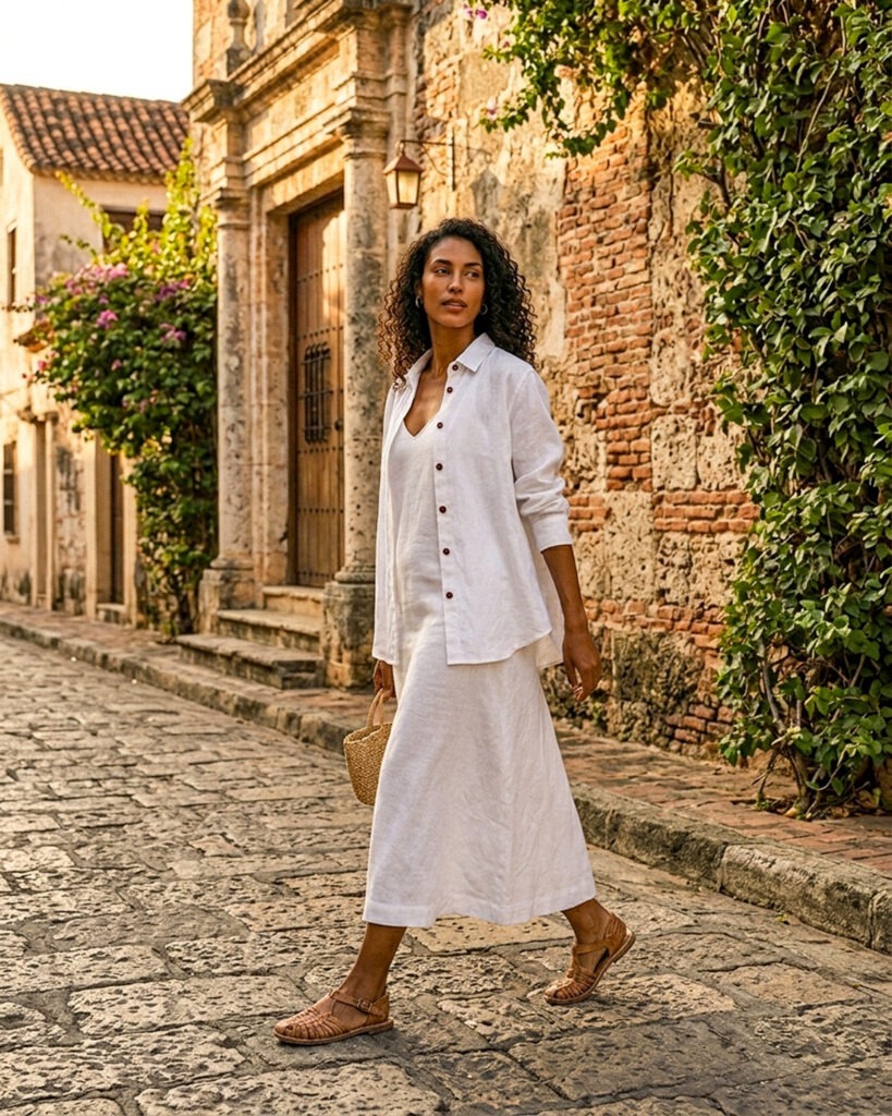 Women’s white linen shirt and dress set in 100% pure linen