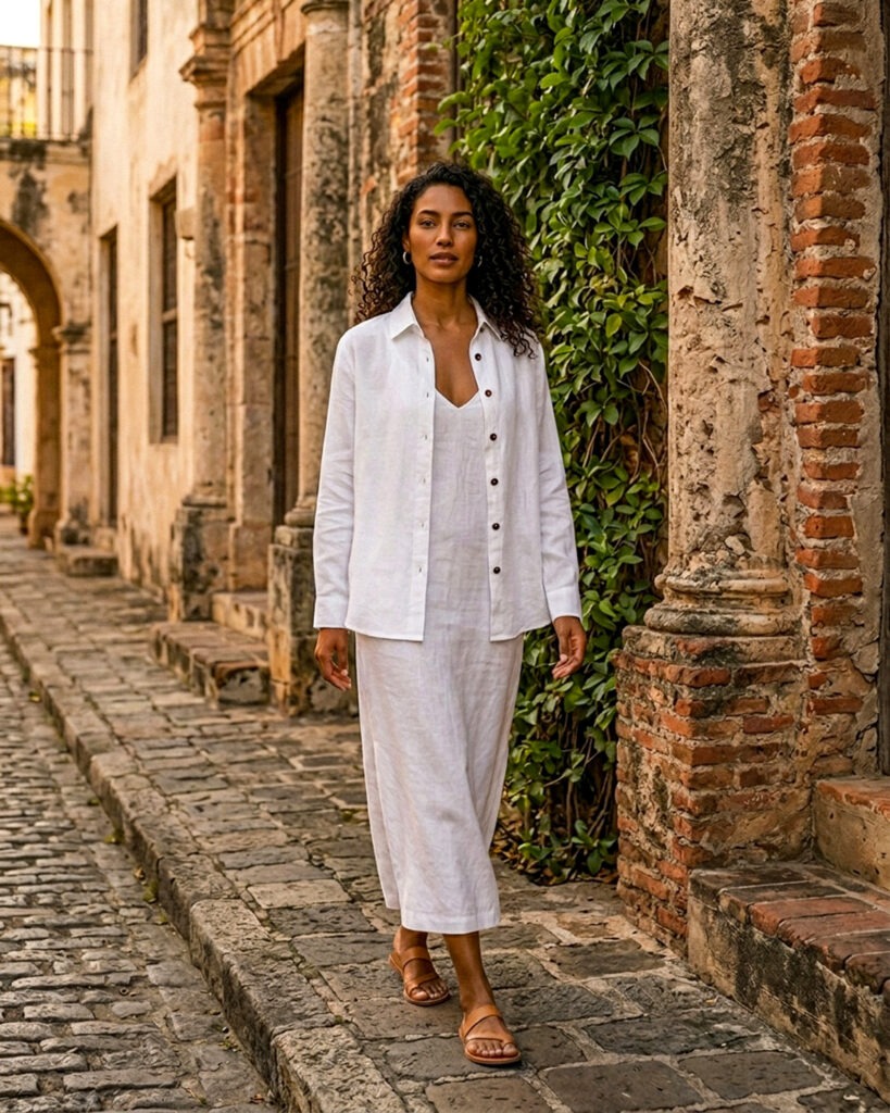 Women’s white linen shirt and dress set in 100% pure linen
