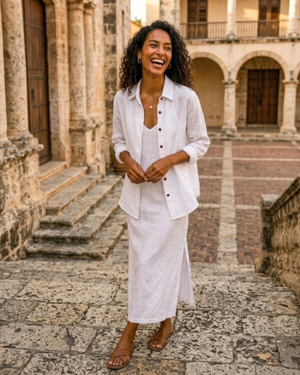 Conjunto de vestido y camisa blancos