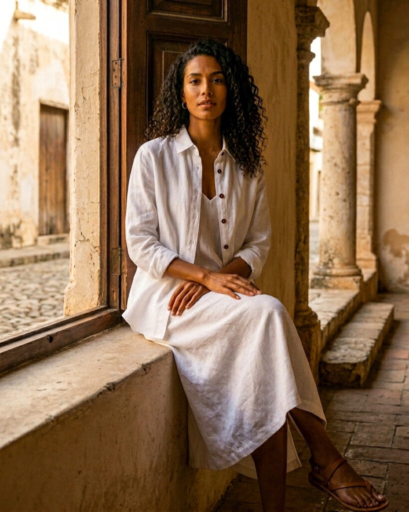Women’s white linen shirt and dress set in 100% pure linen