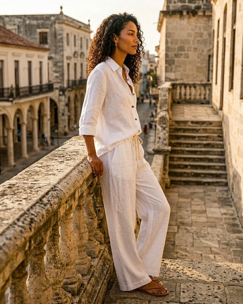 Women’s white linen shirt and pants set in 100% pure linen