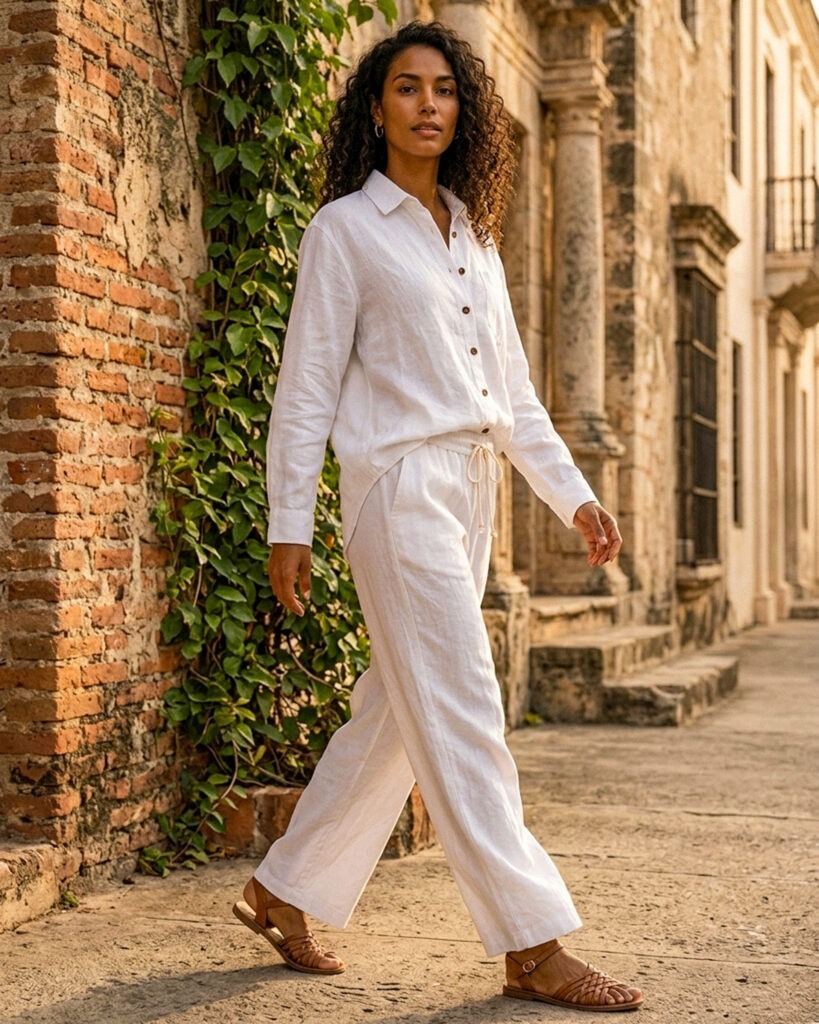 Women’s white linen shirt and pants set in 100% pure linen