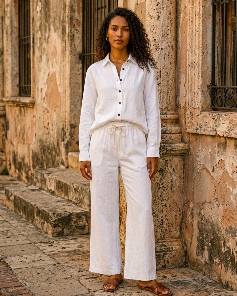 Women’s white linen shirt and pants set in 100% pure linen