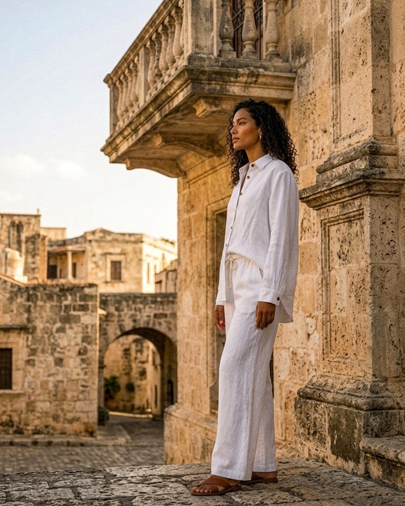 Women’s white linen shirt and pants set in 100% pure linen