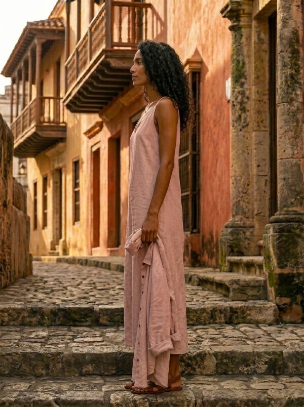 Conjunto de vestido y camisa rosa empolvado