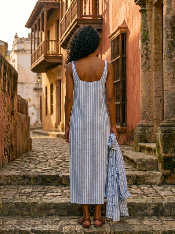 Conjunto de vestido y camisa a rayas azules